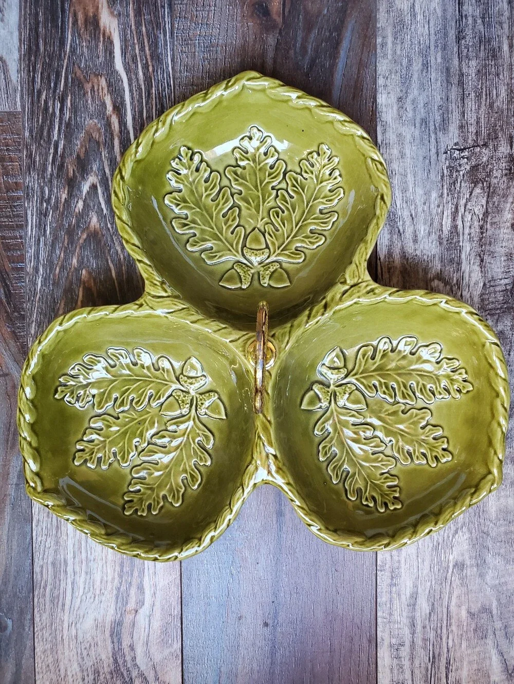 California Pottery Divided Dish Avocado Olive Green Oak Leaf Acorn MCM VTG